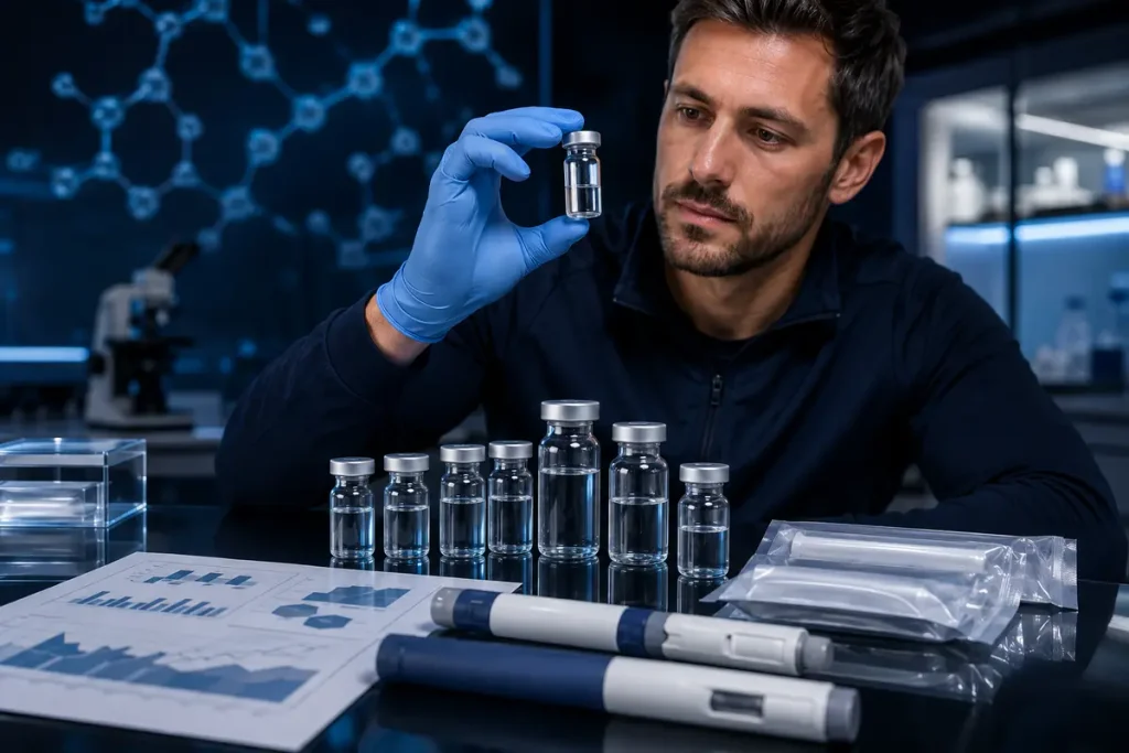 Lab technician inspecting peptide vials and injection pens for quality testing